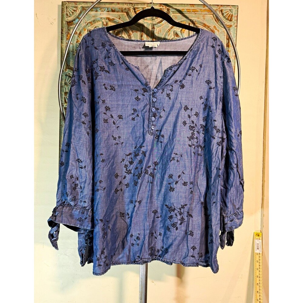 Liz Claiborne Women’s Blue Floral Tunic Blouse V-Neck Button Long Sleeve XL